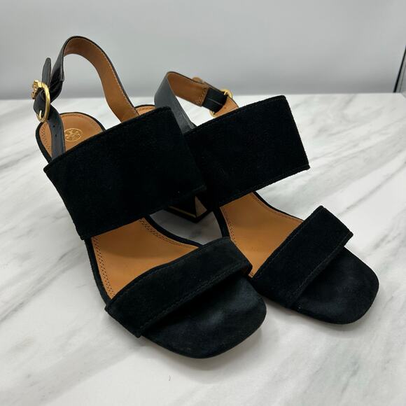 Tory Burch Selby Slingback Wedge Sandals 7.5 Black Suede Leather Gold Buckle - Picture 1 of 16